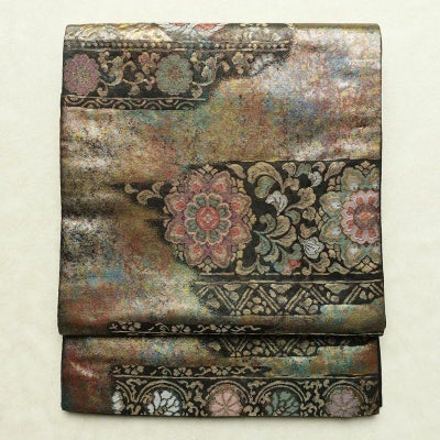 名古屋帯 太鼓柄 良品 正絹 幾何学柄・抽象柄 通し仕立て なごや帯 リサイクル帯 帯 箔 黒