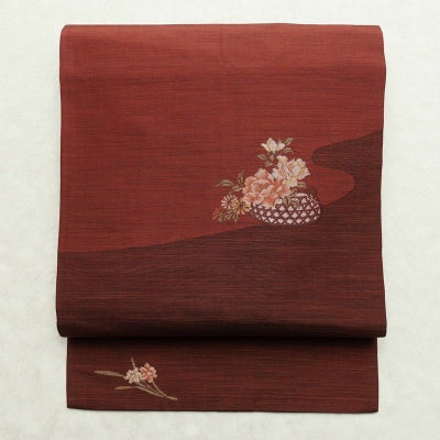 名古屋帯 太鼓柄 正絹 花柄 名古屋仕立て なごや帯 リサイクル帯 帯 モダン シンプル 小豆・エンジ