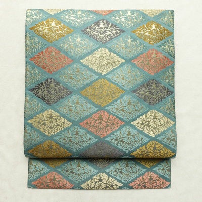 名古屋帯 六通柄 正絹 木の葉・植物柄 名古屋仕立て なごや帯 リサイクル帯 帯 箔 モダン 青緑 緑・うぐいす色