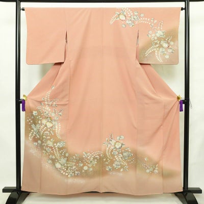 訪問着 縮緬 正絹 花柄 辻が花 袷仕立て 身丈158cm 裄丈64cm リサイクル着物 着物 箔 入学式 卒業式 七五三 お宮参り フォーマル ピンク