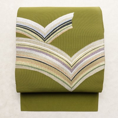 名古屋帯 太鼓柄 つづれ織 正絹 幾何学柄・抽象柄 松葉仕立て なごや帯 リサイクル帯 帯 金糸 銀糸 モダン シンプル 緑・うぐいす色