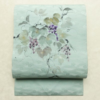 名古屋帯 太鼓柄 良品 翠峯 落款入り 正絹 木の葉・植物柄 名古屋仕立て なごや帯 リサイクル帯 帯 作家物 箔 青・紺