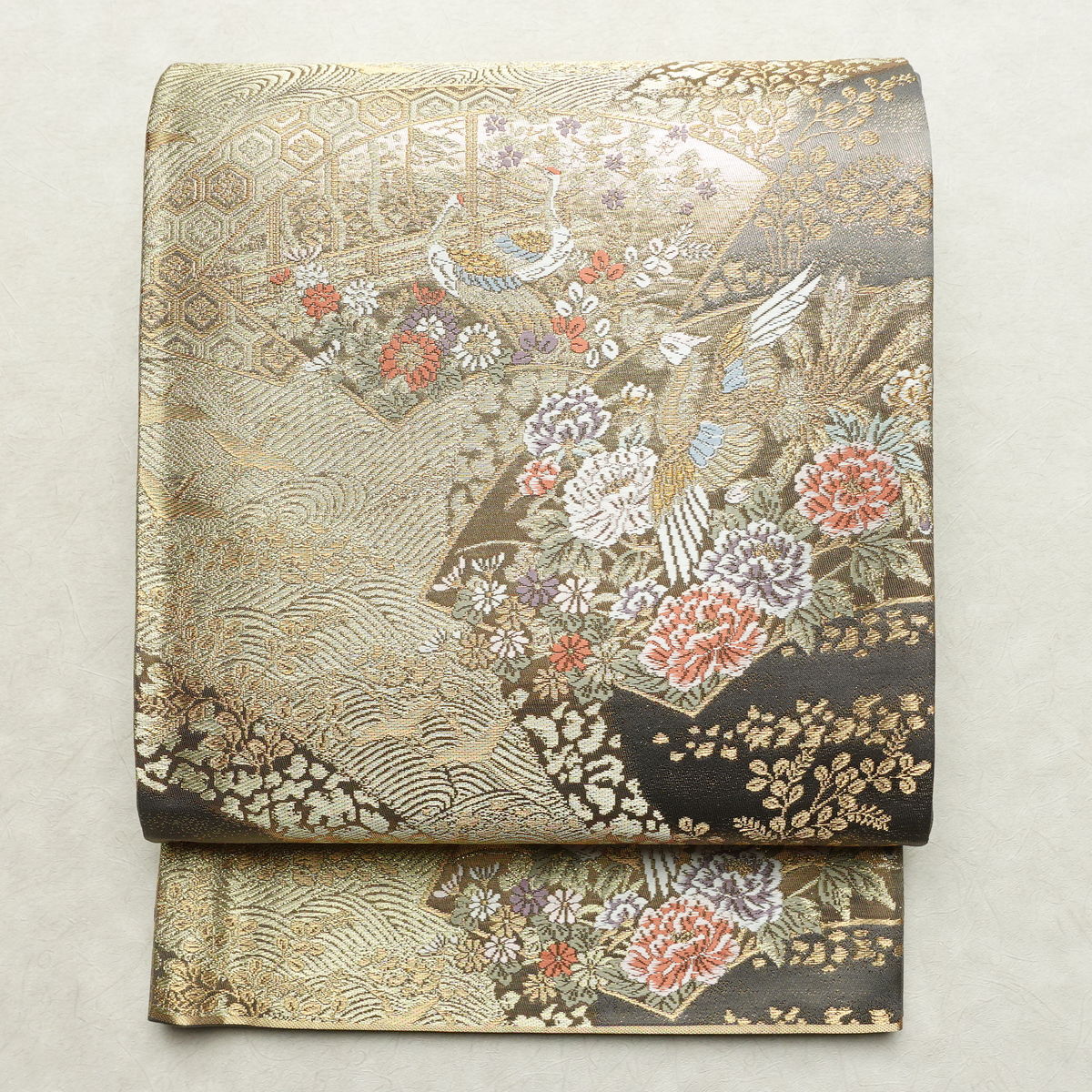 袋帯 本金二重箔 扇面花鳥 文六通柄 良品 フォーマル用 正絹 古典柄 箔