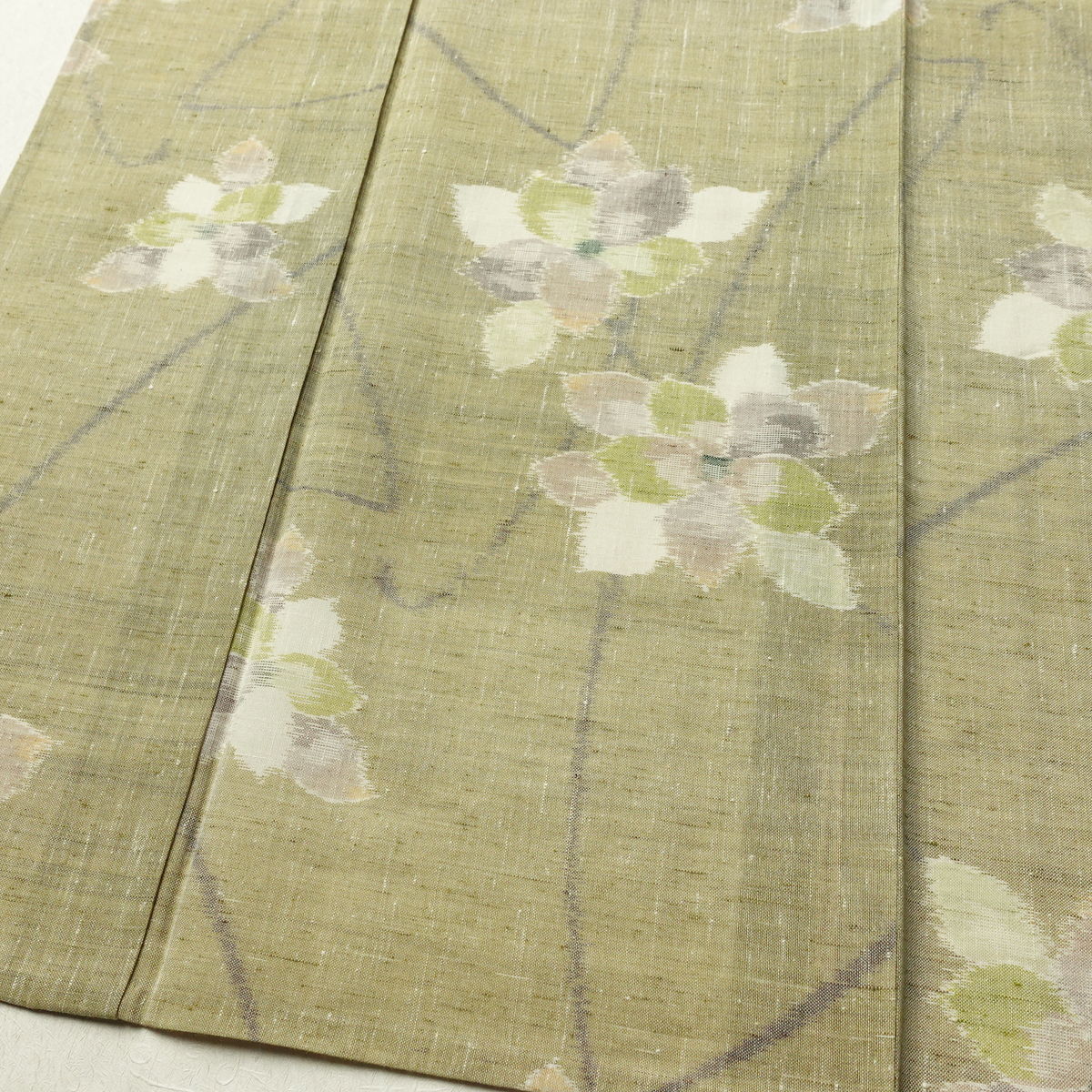 盛夏 紬 夏用 バチ衿仕立て 正絹 花柄 単衣仕立て 身丈153cm 裄丈62cm リサイクル着物 着物 黄・黄土色_画像4