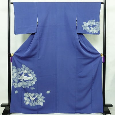 付け下げ 縮緬 正絹 木の葉・植物柄 袷仕立て 身丈168cm 裄丈63.5cm リサイクル着物 着物 フォーマル 青・紺