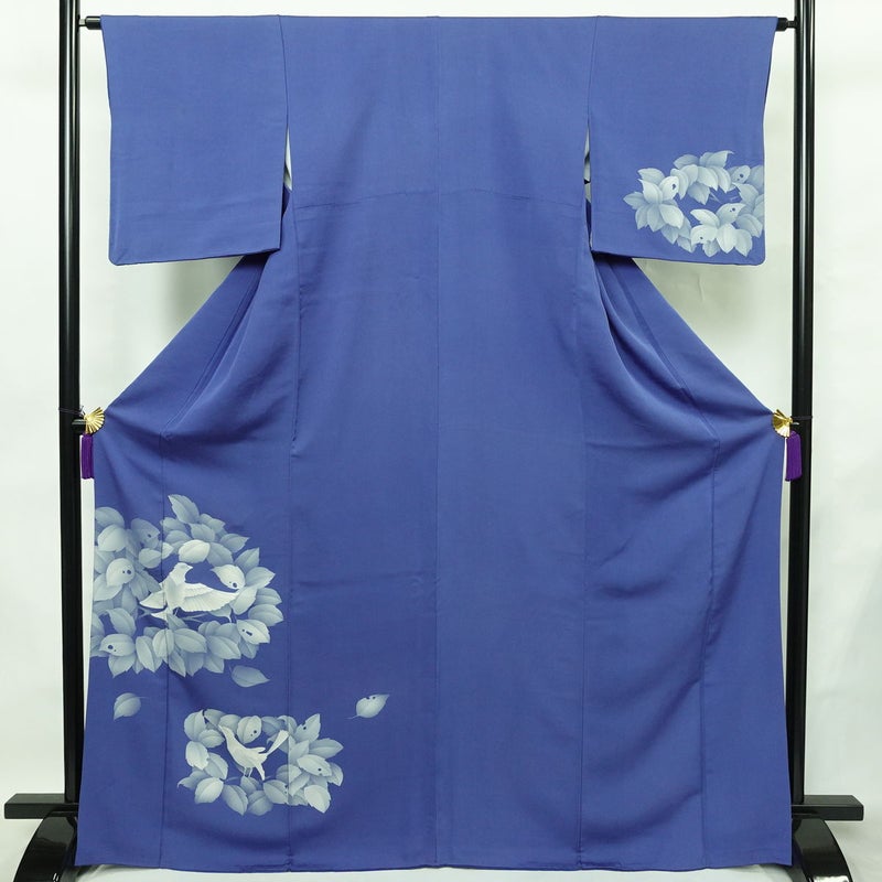 付け下げ 縮緬 正絹 木の葉・植物柄 袷仕立て 身丈168cm 裄丈63.5cm リサイクル着物 着物 フォーマル 青・紺_画像1