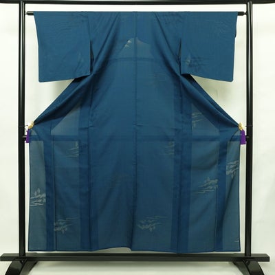 盛夏 夏用 正絹 風景柄 単衣仕立て 身丈155.5cm 裄丈62.5cm リサイクル着物 着物 青・紺