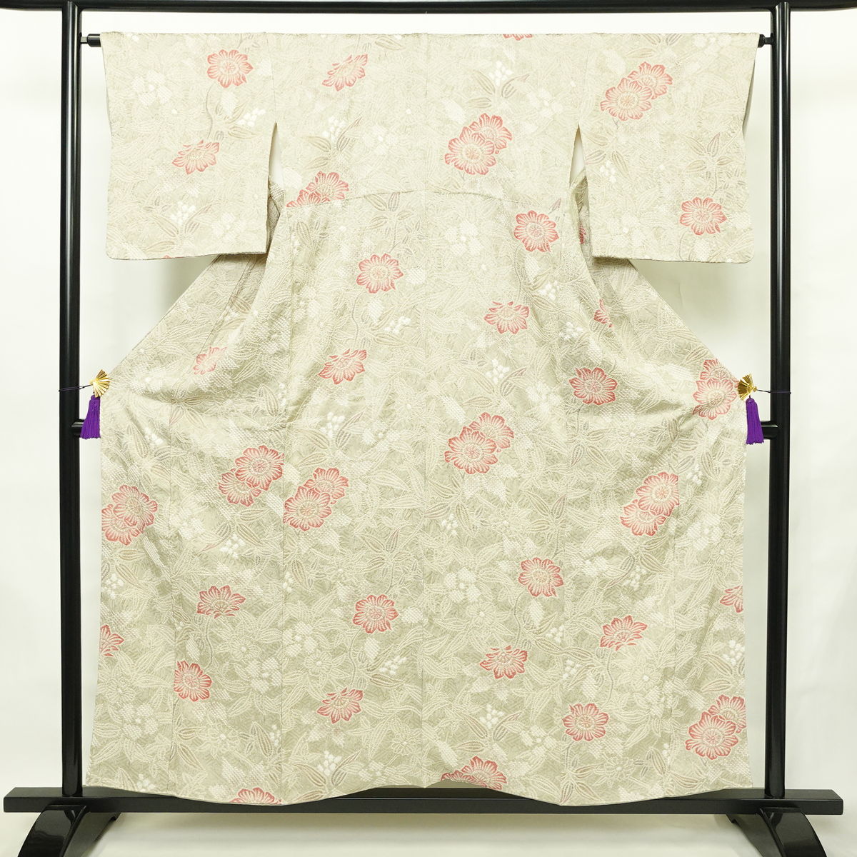 小紋 絞り 総絞り 正絹 花柄 袷仕立て 身丈155.5cm 裄丈65cm リサイクル着物 着物 グレー_画像1