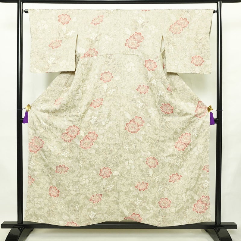 小紋 絞り 総絞り 正絹 花柄 袷仕立て 身丈155.5cm 裄丈65cm リサイクル着物 着物 グレー_画像1