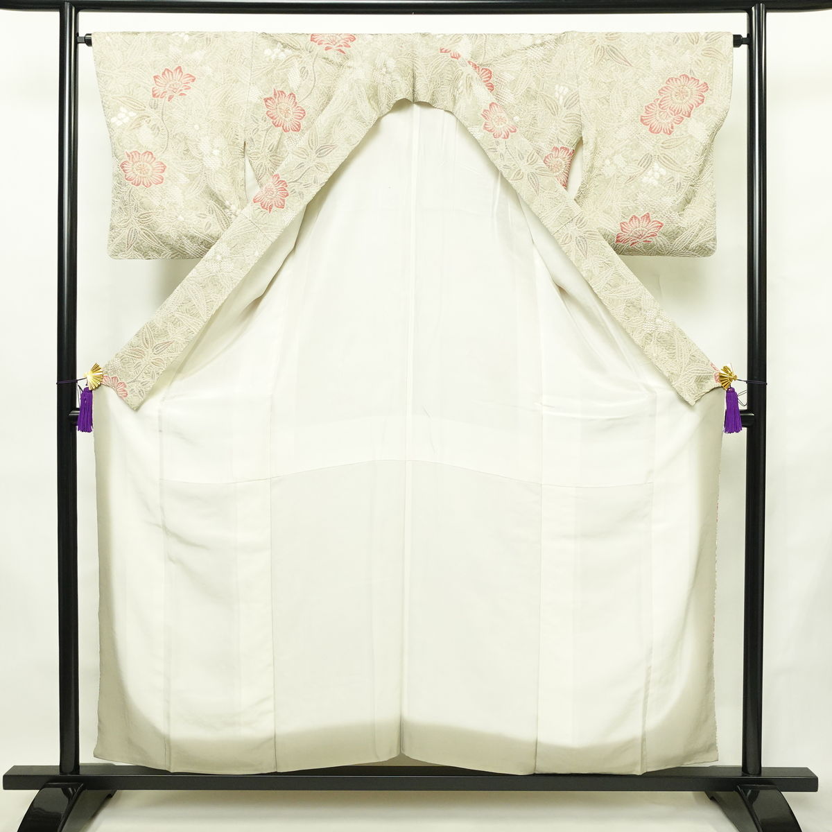 小紋 絞り 総絞り 正絹 花柄 袷仕立て 身丈155.5cm 裄丈65cm リサイクル着物 着物 グレー_画像3