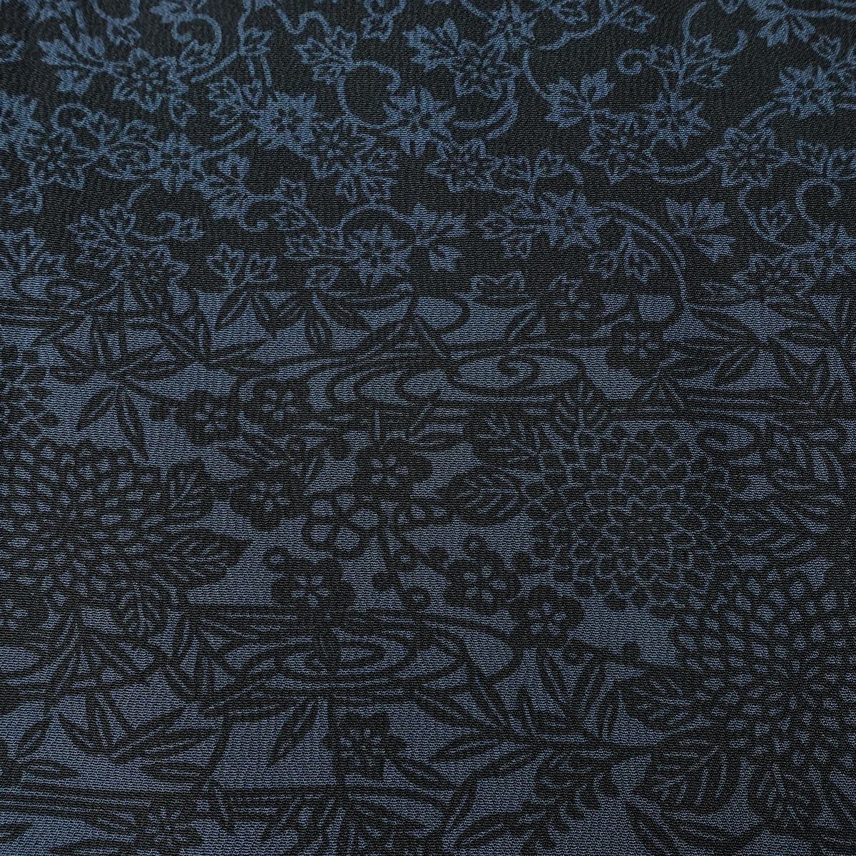 小紋 良品 しつけ糸付き 縮緬 総柄 正絹 木の葉・植物柄 袷仕立て 身丈156cm 裄丈63.5cm リサイクル着物 着物 青・紺_画像7