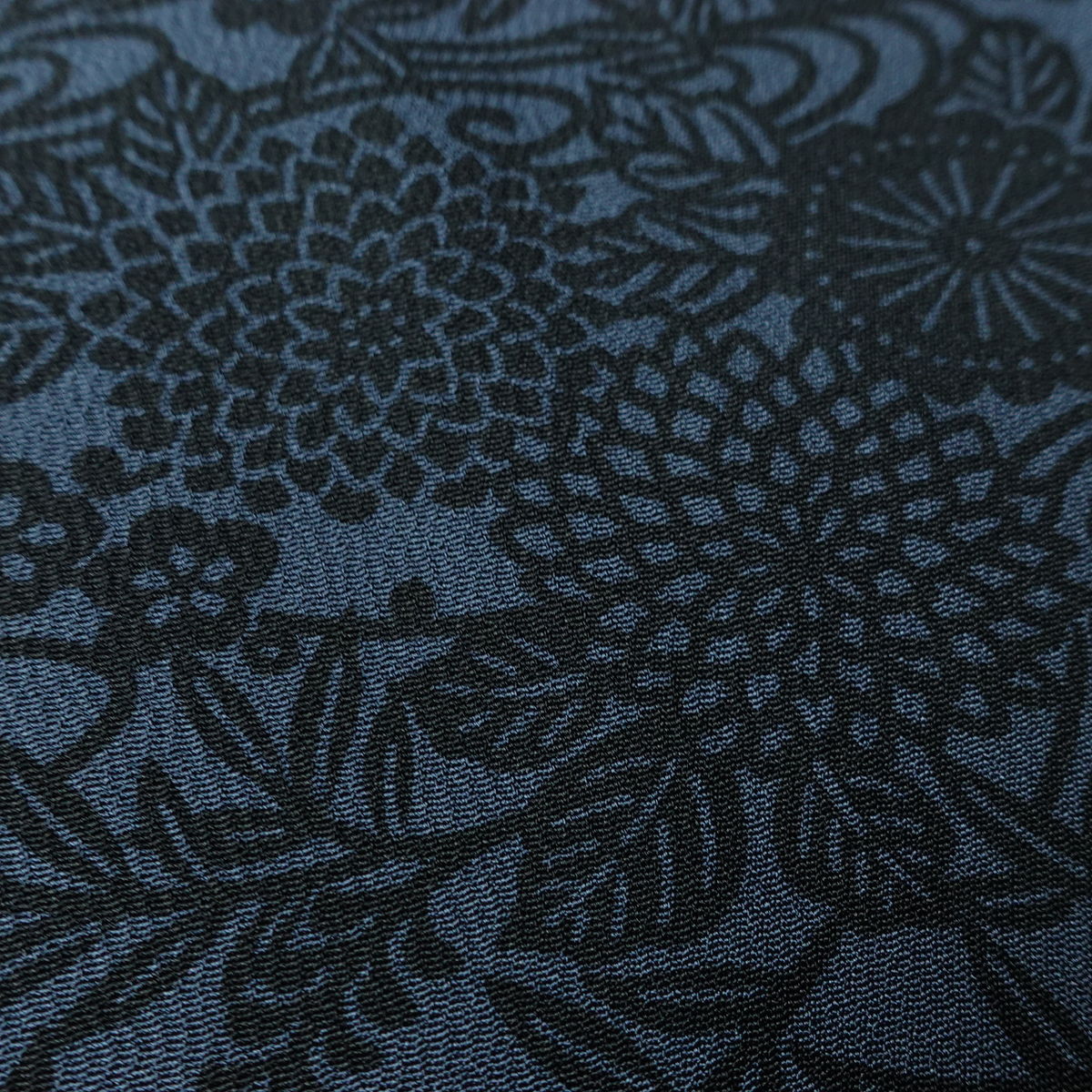 小紋 良品 しつけ糸付き 縮緬 総柄 正絹 木の葉・植物柄 袷仕立て 身丈156cm 裄丈63.5cm リサイクル着物 着物 青・紺_画像8