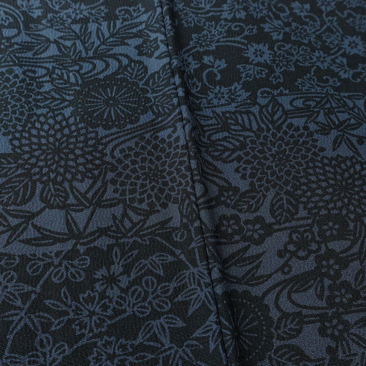 小紋 良品 しつけ糸付き 縮緬 総柄 正絹 木の葉・植物柄 袷仕立て 身丈156cm 裄丈63.5cm リサイクル着物 着物 青・紺_画像12