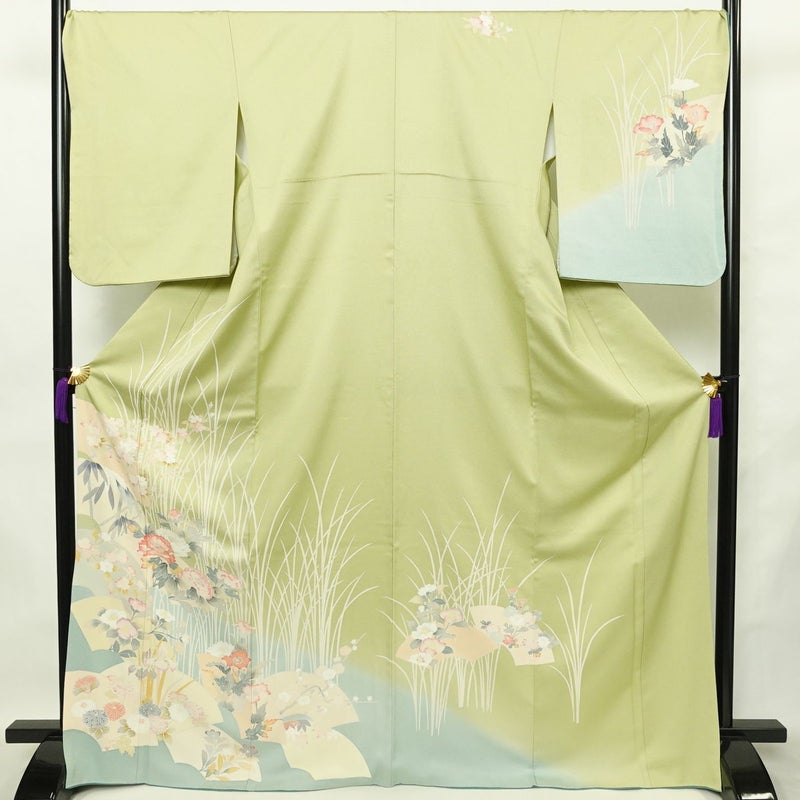 訪問着 正絹 花柄 袷仕立て 身丈169cm 裄丈70cm リサイクル着物 着物 入学式 卒業式 七五三 お宮参り フォーマル 上品 扇面 緑・うぐいす色_画像1