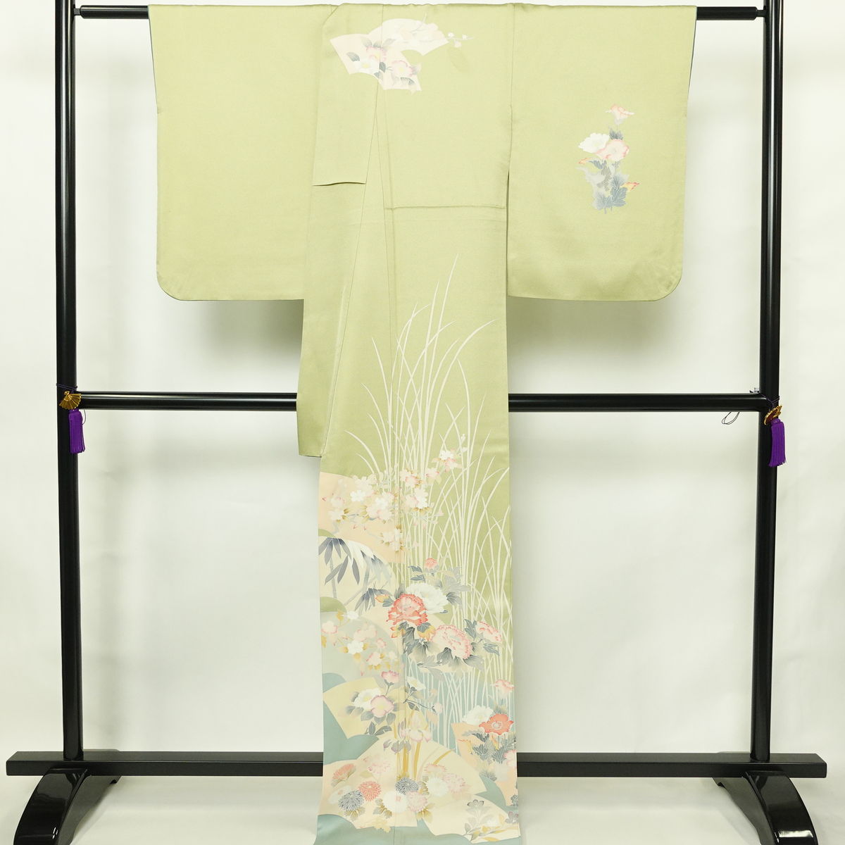 訪問着 正絹 花柄 袷仕立て 身丈169cm 裄丈70cm リサイクル着物 着物 入学式 卒業式 七五三 お宮参り フォーマル 上品 扇面 緑・うぐいす色_画像2