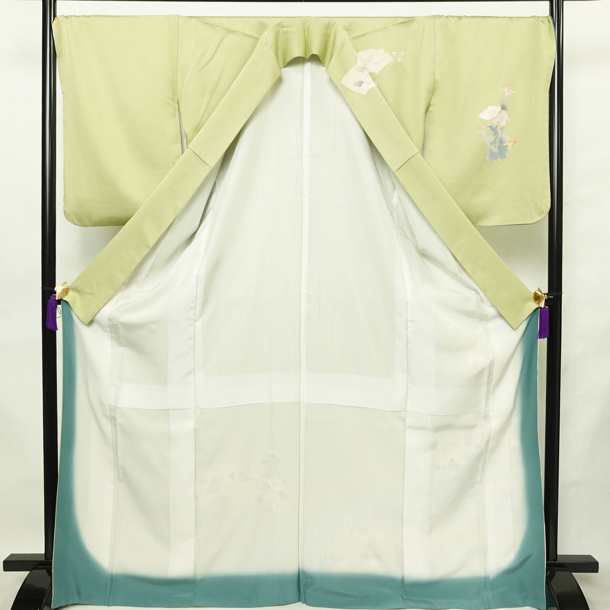 訪問着 正絹 花柄 袷仕立て 身丈169cm 裄丈70cm リサイクル着物 着物 入学式 卒業式 七五三 お宮参り フォーマル 上品 扇面 緑・うぐいす色_画像3