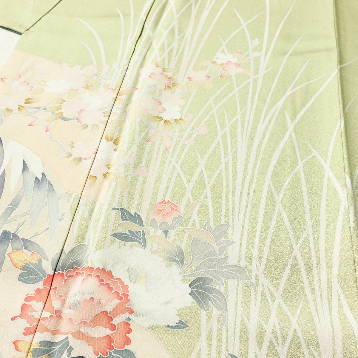 訪問着 正絹 花柄 袷仕立て 身丈169cm 裄丈70cm リサイクル着物 着物 入学式 卒業式 七五三 お宮参り フォーマル 上品 扇面 緑・うぐいす色_画像5