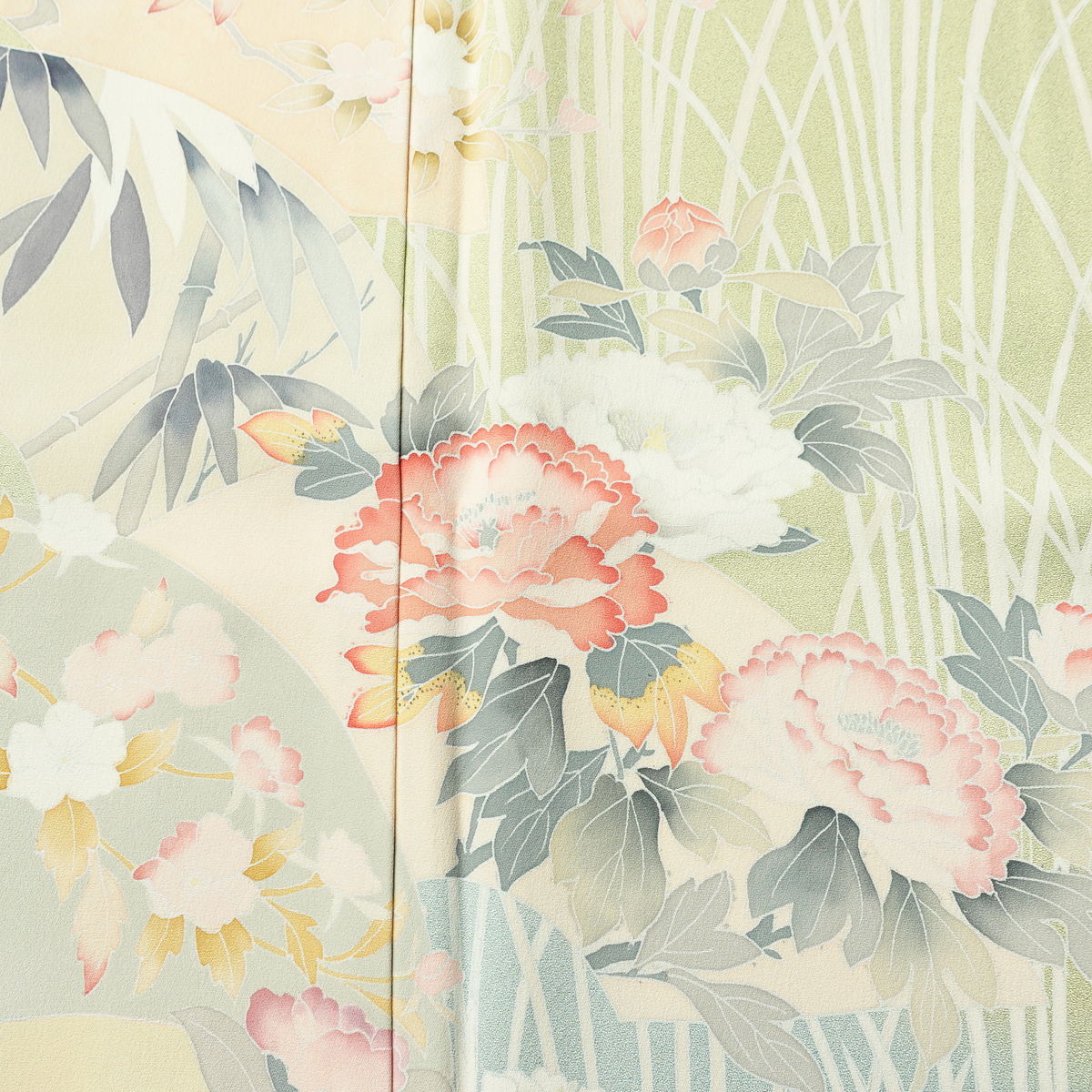 訪問着 正絹 花柄 袷仕立て 身丈169cm 裄丈70cm リサイクル着物 着物 入学式 卒業式 七五三 お宮参り フォーマル 上品 扇面 緑・うぐいす色_画像6