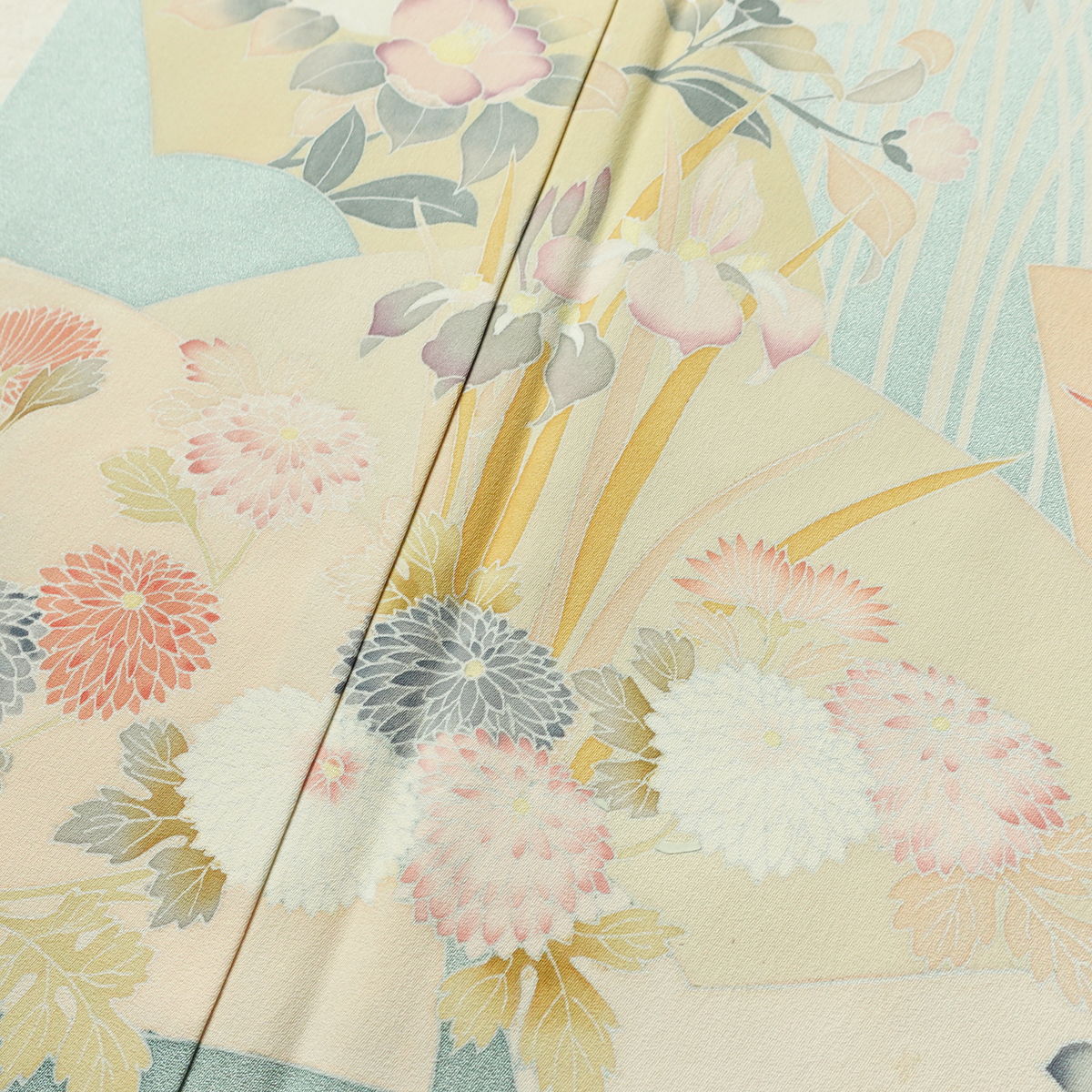 訪問着 正絹 花柄 袷仕立て 身丈169cm 裄丈70cm リサイクル着物 着物 入学式 卒業式 七五三 お宮参り フォーマル 上品 扇面 緑・うぐいす色_画像14