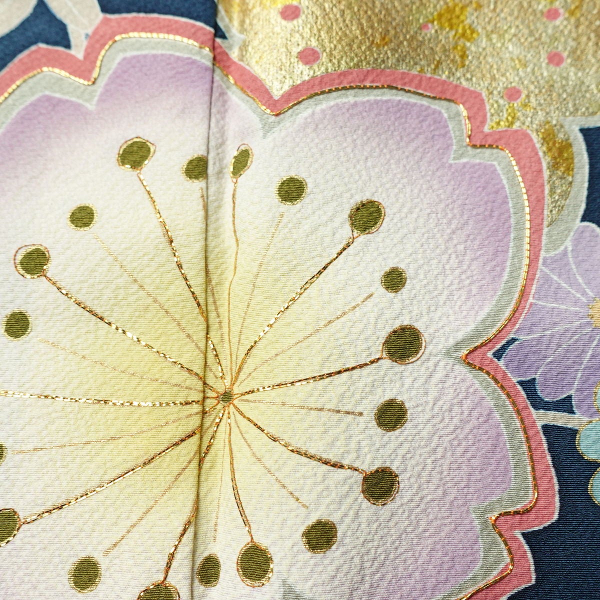振袖 良品 縮緬 金駒刺繍 正絹 花柄 袷仕立て 身丈158cm 裄丈65cm リサイクル着物 着物 箔 金彩 成人式 二十歳 二十歳の集い フォーマル 菊 桜 青・紺_画像7