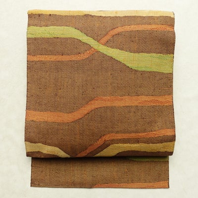 名古屋帯 六通柄 正絹 幾何学柄・抽象柄 名古屋仕立て なごや帯 リサイクル帯 帯 紬地 茶