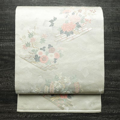 名古屋帯 六通柄 正絹 花柄 名古屋仕立て なごや帯 リサイクル帯 帯 箔 上品 金・銀