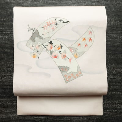 名古屋帯 太鼓柄 良品 落款入り 正絹 木の葉・植物柄 名古屋仕立て なごや帯 リサイクル帯 帯 上品 ピンク