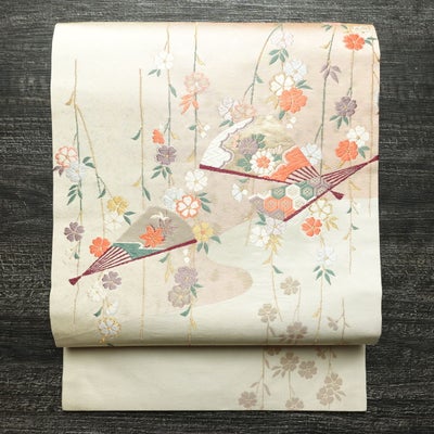 名古屋帯 太鼓柄 正絹 古典柄 名古屋仕立て なごや帯 リサイクル帯 帯 箔 扇子 白