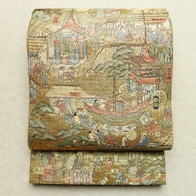 袋帯 全通柄 良品 フォーマル用 正絹 風景柄 リサイクル帯 帯 箔 金・銀