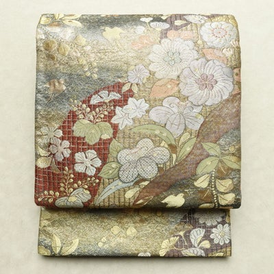 袋帯 漆箔 桃山辻が花 六通柄 良品 フォーマル用 正絹 花柄 リサイクル帯 帯 箔 金糸 多色使い