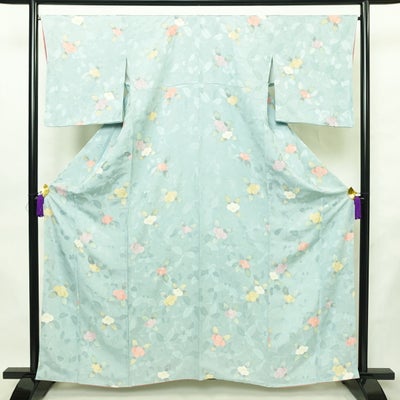 小紋 良品 しつけ糸付き 柄生かし染 正絹 花柄 袷仕立て 身丈161cm 裄丈66.5cm リサイクル着物 着物 青・紺