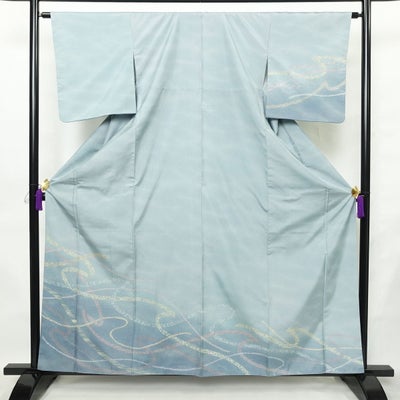 付け下げ 大島紬 良品 一つ紋付き 正絹 流水・波柄 袷仕立て 身丈160.5cm 裄丈63cm リサイクル着物 着物 フォーマル 青・紺