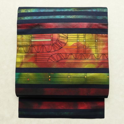 名古屋帯 太鼓柄 良品 正絹 幾何学柄・抽象柄 名古屋仕立て なごや帯 リサイクル帯 帯 引箔 モダン 青・紺