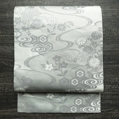 名古屋帯 全通柄 正絹 古典柄 名古屋仕立て なごや帯 リサイクル帯 帯 菊 グレー