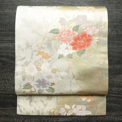 名古屋帯 六通柄 良品 正絹 花柄 名古屋仕立て なごや帯 リサイクル帯 帯 箔 多色使い