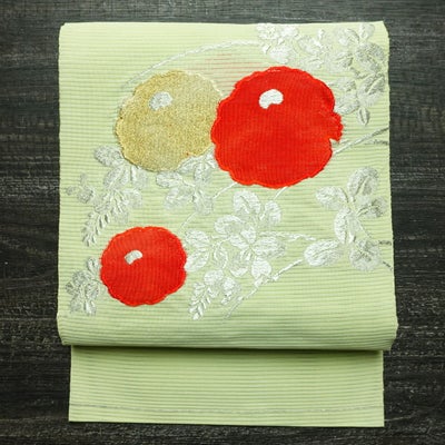 名古屋帯 絽 太鼓柄 夏用 正絹 花柄 名古屋仕立て なごや帯 リサイクル帯 帯 緑・うぐいす色