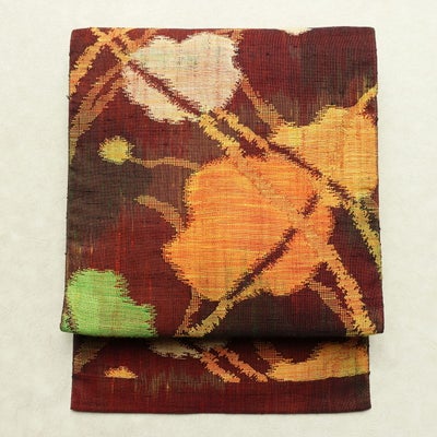 名古屋帯 六通柄 正絹 木の葉・植物柄 名古屋仕立て なごや帯 リサイクル帯 帯 紬地 赤・朱