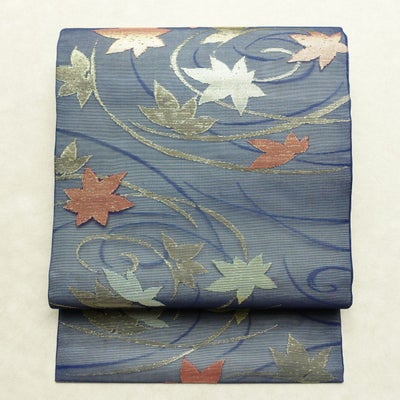名古屋帯 六通柄 夏用 正絹 木の葉・植物柄 名古屋仕立て なごや帯 リサイクル帯 帯 紅葉 青・紺