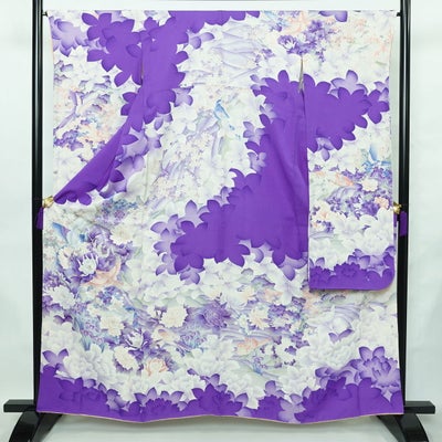 振袖 正絹 花柄 袷仕立て 身丈161cm 裄丈66cm リサイクル着物 着物 銀彩 成人式 二十歳 二十歳の集い フォーマル 紫・藤色