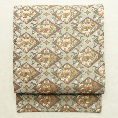 袋帯 六通柄 一般用 正絹 木の葉・植物柄 リサイクル帯 帯 金糸 おしゃれ グレー