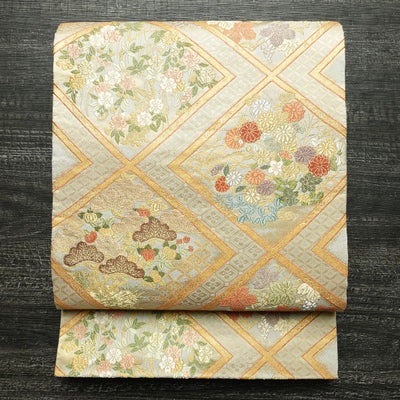 袋帯 六通柄 フォーマル用 正絹 花柄 リサイクル帯 帯 入学式 卒業式 結婚式 七五三 パーティー お宮参り グレー