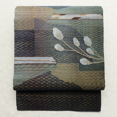 袋帯 太鼓柄 美品 すくい織 一般用 正絹 木の葉・植物柄 リサイクル帯 帯 洒落 青・紺