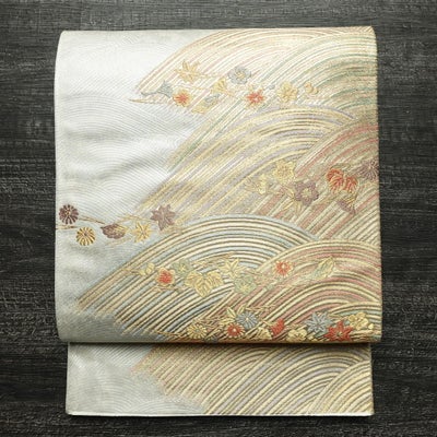 袋帯 彩詩観流文 玉かずら 六通柄 良品 フォーマル用 正絹 流水・波柄 リサイクル帯 帯 入学式 卒業式 七五三 お宮参り 金・銀