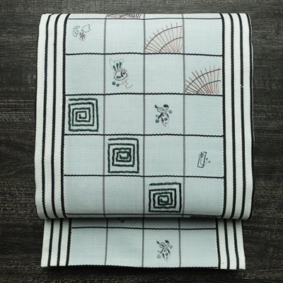 袋帯 六通柄 一般用 正絹 古典柄 リサイクル帯 帯 刺繍 モダン 洒落 青・紺