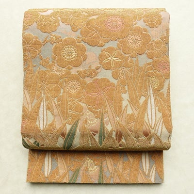 袋帯 六通柄 良品 フォーマル用 正絹 木の葉・植物柄 リサイクル帯 帯 入学式 卒業式 七五三 パーティー お宮参り 金・銀