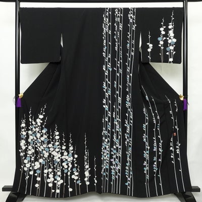 訪問着 小宮山彌一 落款入り 縮緬 正絹 花柄 袷仕立て 身丈160.5cm 裄丈69.5cm リサイクル着物 着物 卒業式 ゆったりサイズ パーティー フォーマル 黒