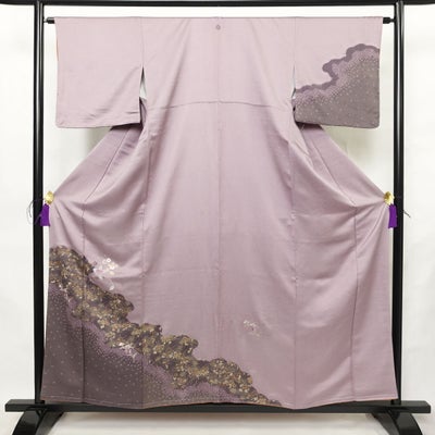 付け下げ しつけ糸付き 絞り 一つ紋付き 正絹 花柄 袷仕立て 身丈156cm 裄丈63.5cm リサイクル着物 着物 刺繍 金彩 入学式 卒業式 七五三 お宮参り フォーマル 菊 紫・藤色