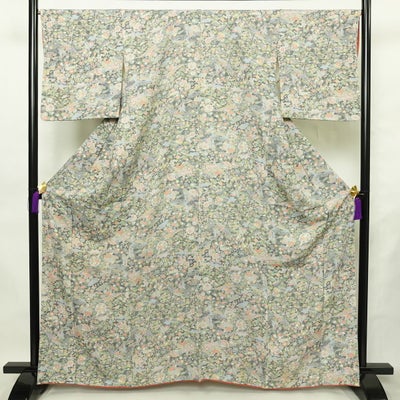 小紋 縮緬 総柄 正絹 古典柄 袷仕立て 身丈164.5cm 裄丈67cm リサイクル着物 着物 緑・うぐいす色