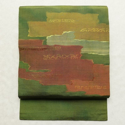 名古屋帯 太鼓柄 正絹 幾何学柄・抽象柄 名古屋仕立て なごや帯 リサイクル帯 ポケット付き 帯 紬地 緑・うぐいす色