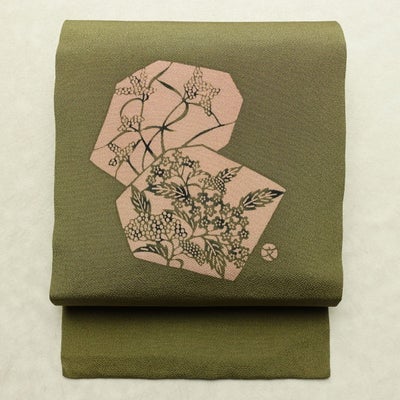 名古屋帯 太鼓柄 良品 草木染 草木和染 縮緬 正絹 木の葉・植物柄 名古屋仕立て なごや帯 リサイクル帯 帯 シンプル 洒落 緑・うぐいす色